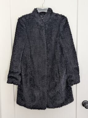 Kenneth Cole New York Black Faux Fur Coat Womens S Mid-length Plush Jacket